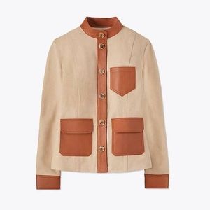 Tory Burch Camden Jacket Coat Linen Leather Tan Brown Button Up Canvas